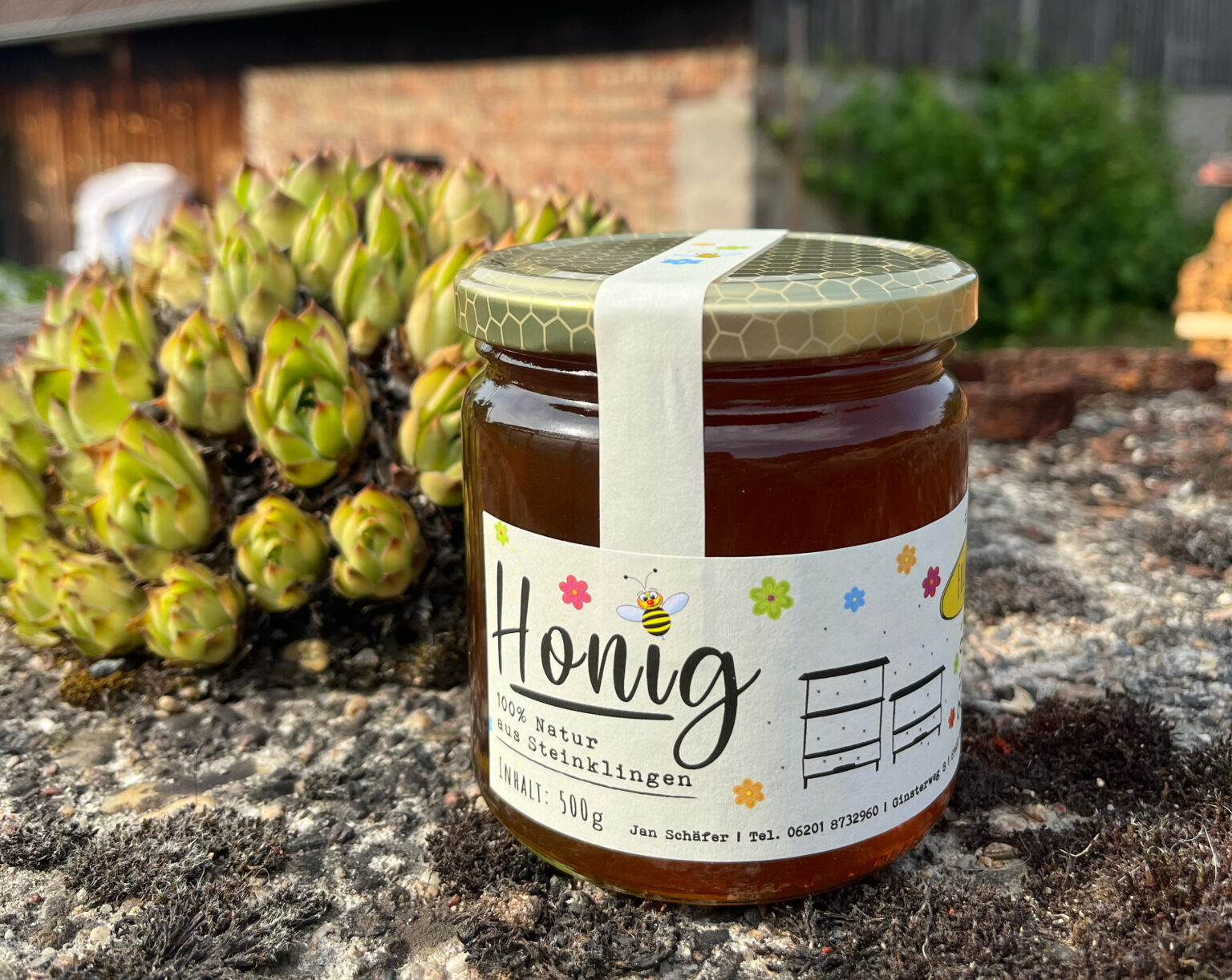 Honigglas mit handgezeichnetem Etikett und Bienenmotiv auf Naturstein im Sonnenlicht