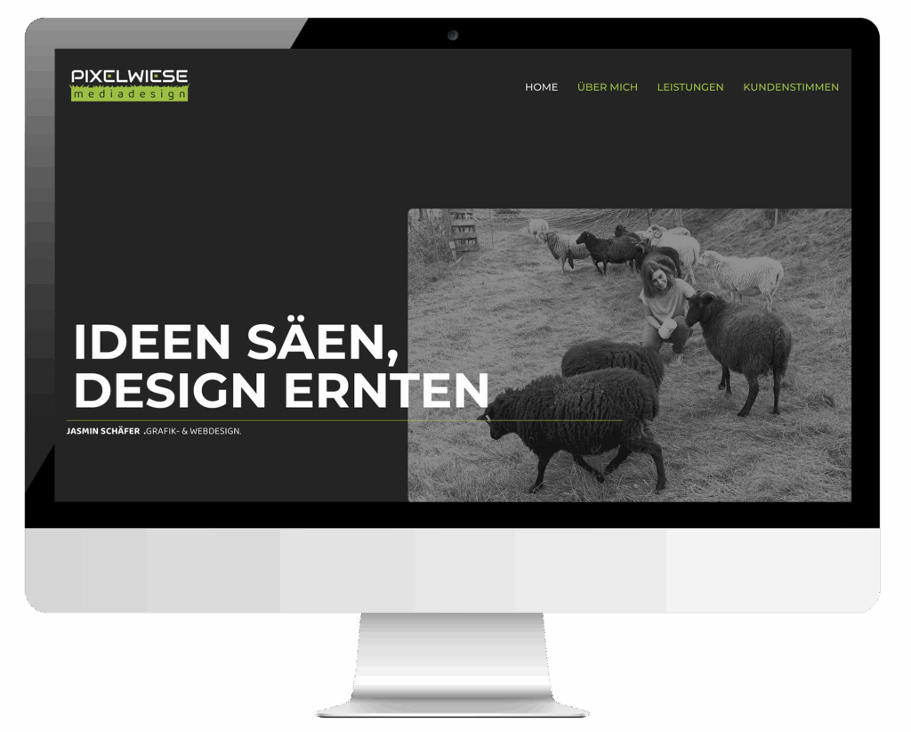 Bildschirmansicht der pixelwiese-Webseite mit dem Slogan „Ideen säen, Design ernten“ und modernem Layout